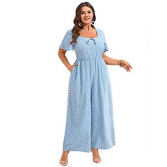 Women Plus Size Floral Square Neck Short Sleeve Wide Leg Jumpsuit Smocked Waist Boho Romper