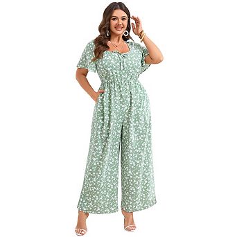 Women Plus Size Floral Square Neck Short Sleeve Wide Leg Jumpsuit Smocked Waist Boho Romper