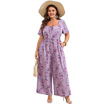 Women Plus Size Floral Square Neck Short Sleeve Wide Leg Jumpsuit Smocked Waist Boho Romper