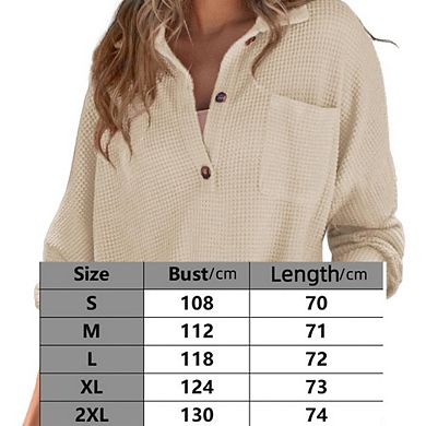 Women Waffle Knit Shirts Tops Long Sleeve V Neck Solid Color Casual T Shirts