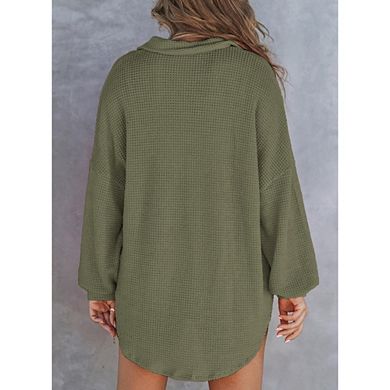 Women Waffle Knit Shirts Tops Long Sleeve V Neck Solid Color Casual T Shirts