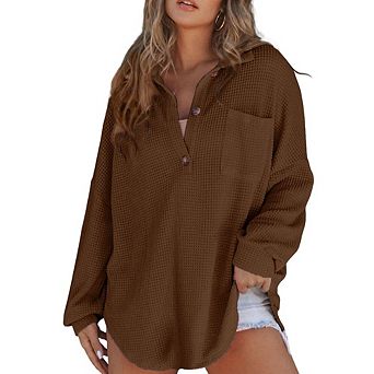 Women Waffle Knit Shirts Tops Long Sleeve V Neck Solid Color Casual T Shirts