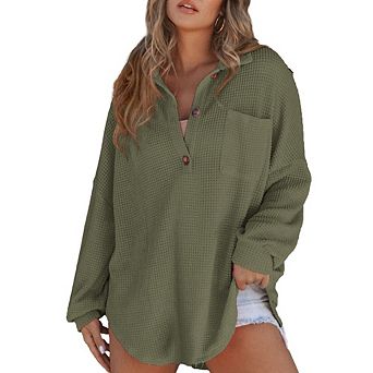 Women Waffle Knit Shirts Tops Long Sleeve V Neck Solid Color Casual T Shirts
