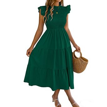 Women's Ruffle Sleeve Smocked Midi Dress Tiered Flowy Casual Dress for Summer Beach & Brunch