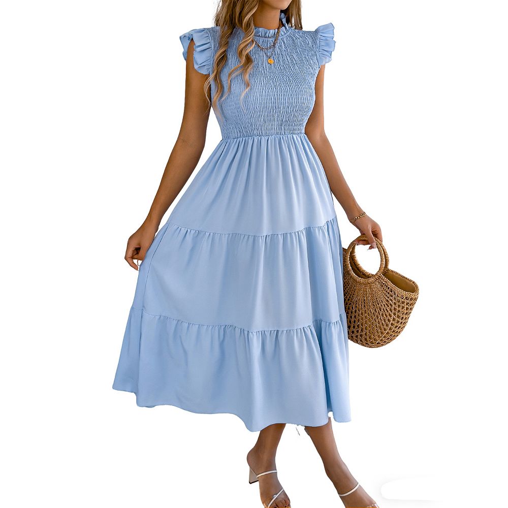 flowy brunch dress Women's Ruffle Sleeve Smocked Midi Tiered Casual Dress for Summer Beach & Outfit ideas