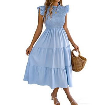 Women's Ruffle Sleeve Smocked Midi Dress Tiered Flowy Casual Dress for Summer Beach & Brunch