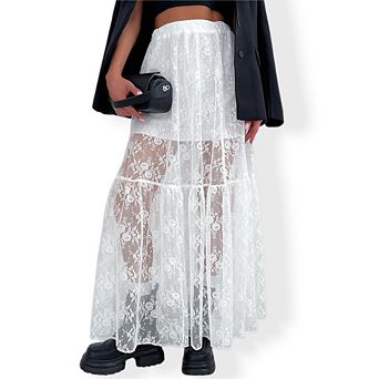 Women Sheer Lace A-Line Midi Skirt Flowy High Waist Maxi Skirt with Lace Trim Layered Tulle Skirt