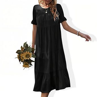 Women's Solid Color Round Neck Dress - Flounce Hem A-Line Midi Casual Vacation Dress