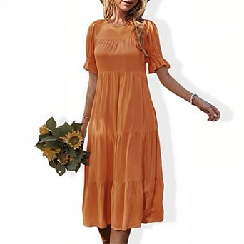 Women's Solid Color Round Neck Dress - Flounce Hem A-Line Midi Casual Vacation Dress