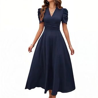 Women's High Waist Short Sleeve Dress Tie Waist Midi Dress, Casual Flowy Summer Tiered Dress