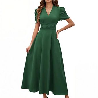 Women's High Waist Short Sleeve Dress Tie Waist Midi Dress, Casual Flowy Summer Tiered Dress