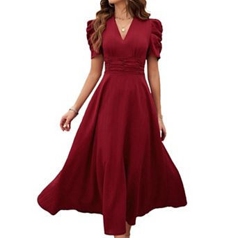 Women's High Waist Short Sleeve Dress Tie Waist Midi Dress, Casual Flowy Summer Tiered Dress