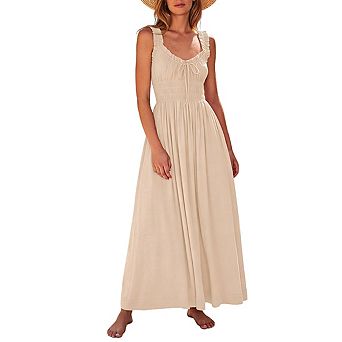 Women's Sweetheart Neck Sleeveless Smocked Waist Ruffle Strap Tie Front Flowy Maxi Dress