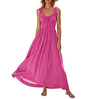 Women's Sweetheart Neck Sleeveless Smocked Waist Ruffle Strap Tie Front Flowy Maxi Dress