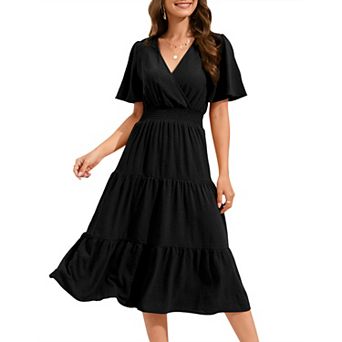 Women Smocked High Waist Cross V Neck Ruffled Short Sleeve Layered Midi Dress