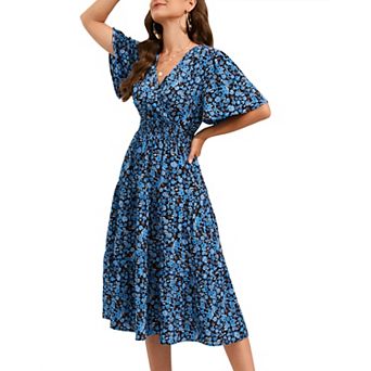 Women Smocked High Waist Cross V Neck Ruffled Short Sleeve Layered Midi Dress