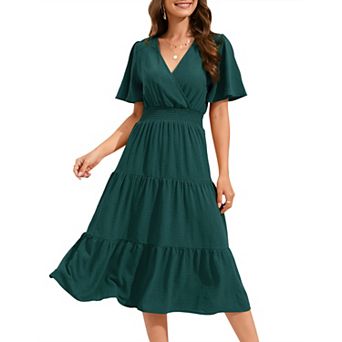 Women Smocked High Waist Cross V Neck Ruffled Short Sleeve Layered Midi Dress