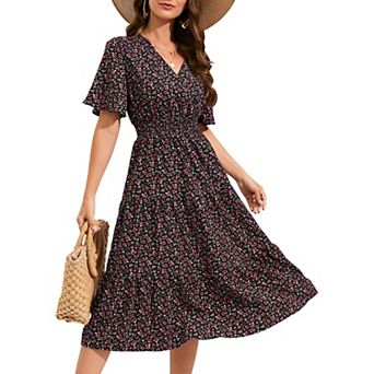 Women Smocked High Waist Cross V Neck Ruffled Short Sleeve Layered Midi Dress