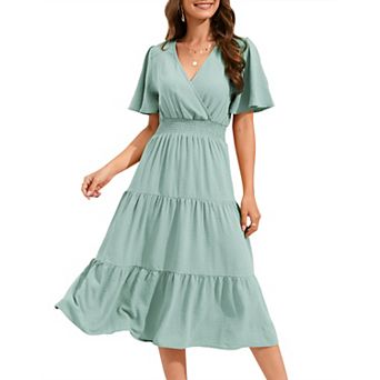 Women Smocked High Waist Cross V Neck Ruffled Short Sleeve Layered Midi Dress