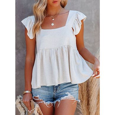 Spandex Women's Sleeveless Peplum Blouse Square Neck Ruffle Strap Babydoll Tank Top
