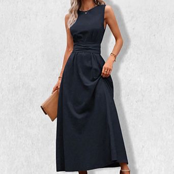 Women's Round Neck Tie Waist Sleeveless Dress - Self-Tie Belt Midi Shift Dress