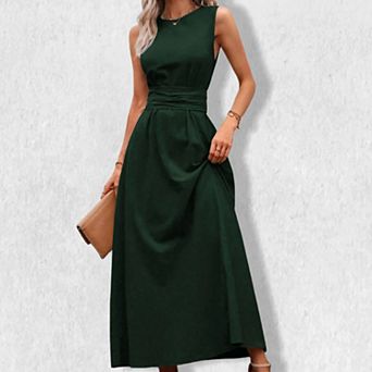 Women's Round Neck Tie Waist Sleeveless Dress - Self-Tie Belt Midi Shift Dress