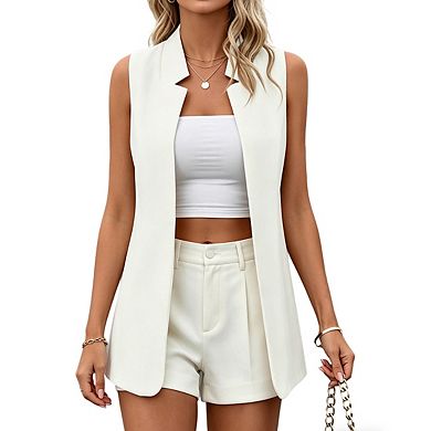 Women's Sleeveless Longline Vest Open Front Lapel Relaxed Fit Office Blazer