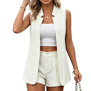 Women's Sleeveless Longline Vest Open Front Lapel Relaxed Fit Office Blazer