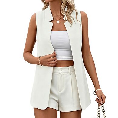 Women's Sleeveless Longline Vest Open Front Lapel Relaxed Fit Office Blazer
