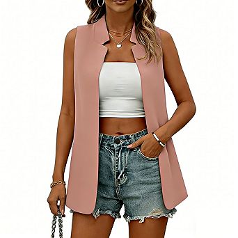 Women's Sleeveless Longline Vest Open Front Lapel Relaxed Fit Office Blazer
