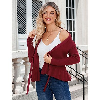Women Tie Front Cardigan V Neck Long Sleeve Cardigan Lapel Sweaters Tops Fall Outerwear