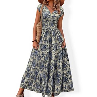 Women's Floral V-Neck Maxi Dress - Cinched Waist Long Chiffon Casual Summer Dress