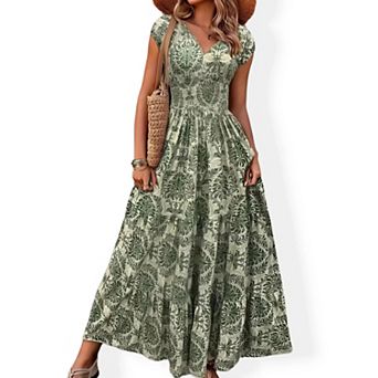 Women's Floral V-Neck Maxi Dress - Cinched Waist Long Chiffon Casual Summer Dress