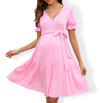 Women Maternity Wrap Dress with Puff Sleeves Floral Empire Waist Dress Casual Pregnancy Maxi Dress