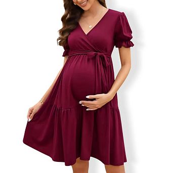 Women Maternity Wrap Dress with Puff Sleeves Floral Empire Waist Dress Casual Pregnancy Maxi Dress