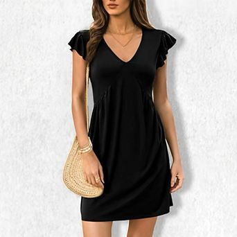 Women's V-Neck Flutter Sleeve Maxi Dress - Flowy Tiered Long Dress with Shirred Waist