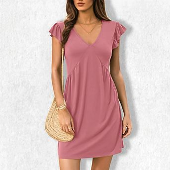 Women's V-Neck Flutter Sleeve Maxi Dress - Flowy Tiered Long Dress with Shirred Waist
