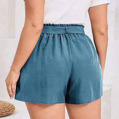 Women's Plus Size Paperbag Waist Shorts High Waisted Flowy Ruffle with Pockets & Self-Tie Belt
