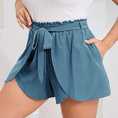Women's Plus Size Paperbag Waist Shorts High Waisted Flowy Ruffle with Pockets & Self-Tie Belt