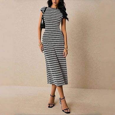 Women's Striped Knit Midi Dress - Sleeveless Slim Fit Pull-On Pencil Dress