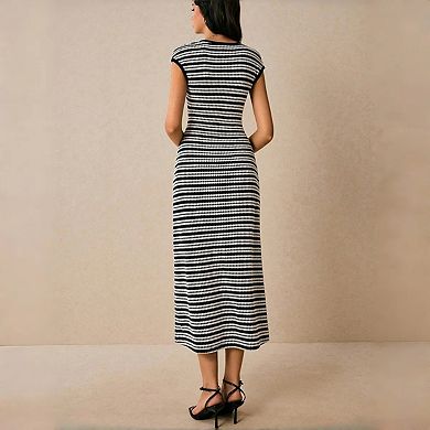 Women's Striped Knit Midi Dress - Sleeveless Slim Fit Pull-On Pencil Dress