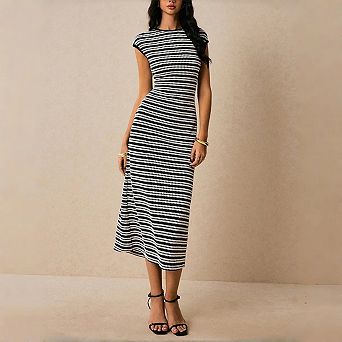 Women's Striped Knit Midi Dress - Sleeveless Slim Fit Pull-On Pencil Dress