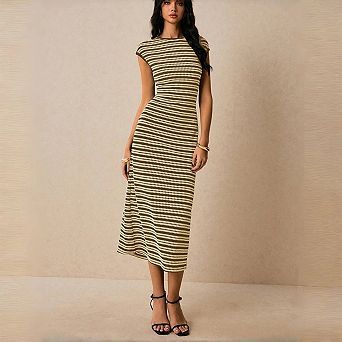 Women's Striped Knit Midi Dress - Sleeveless Slim Fit Pull-On Pencil Dress