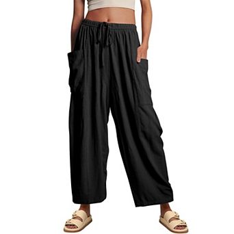 Women Wide Leg Pants Flowy Palazzo Drawstring Elastic Waist Trousers with Pockets Vacation Clothes