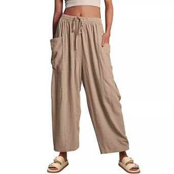 Women Wide Leg Pants Flowy Palazzo Drawstring Elastic Waist Trousers with Pockets Vacation Clothes