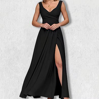 Women's Solid Color Sleeveless Dress - Cinched Waist Maxi Formal Gown Elegant