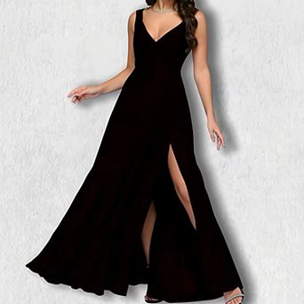 Women's Solid Color Sleeveless Dress - Cinched Waist Maxi Formal Gown Elegant