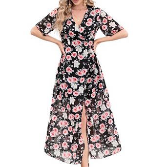 Women's V-Neck Dress with Side Slit Flowy Maxi Dress with High Slit Elegant Slip Dress