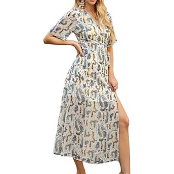 Women's V-Neck Dress with Side Slit Flowy Maxi Dress with High Slit Elegant Slip Dress