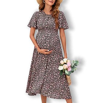 Women's Maternity Midi Dress with Ruffle Hem & Smocked Bodice Casual Empire Waist Pregnancy Dress